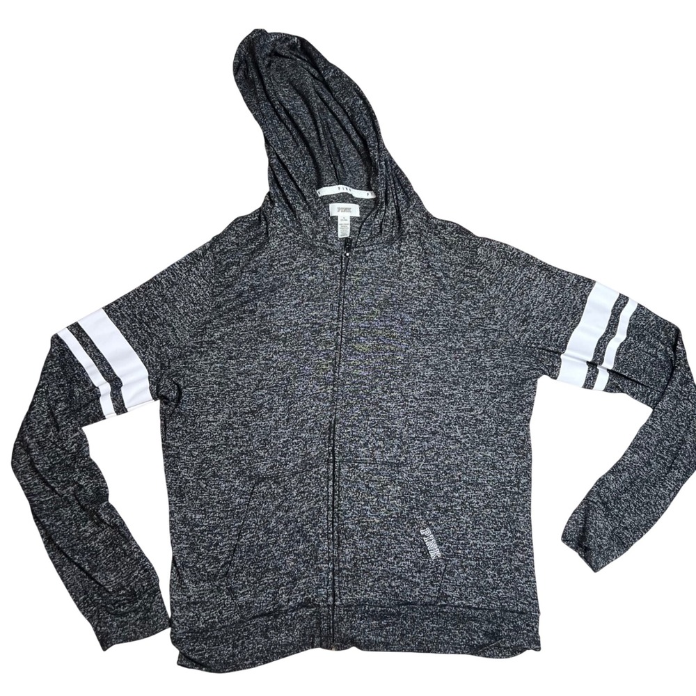 PINK Victorias Secret‎ Womens Medium Gray Space Dye Varsity Stripe Zip Up Hoodie